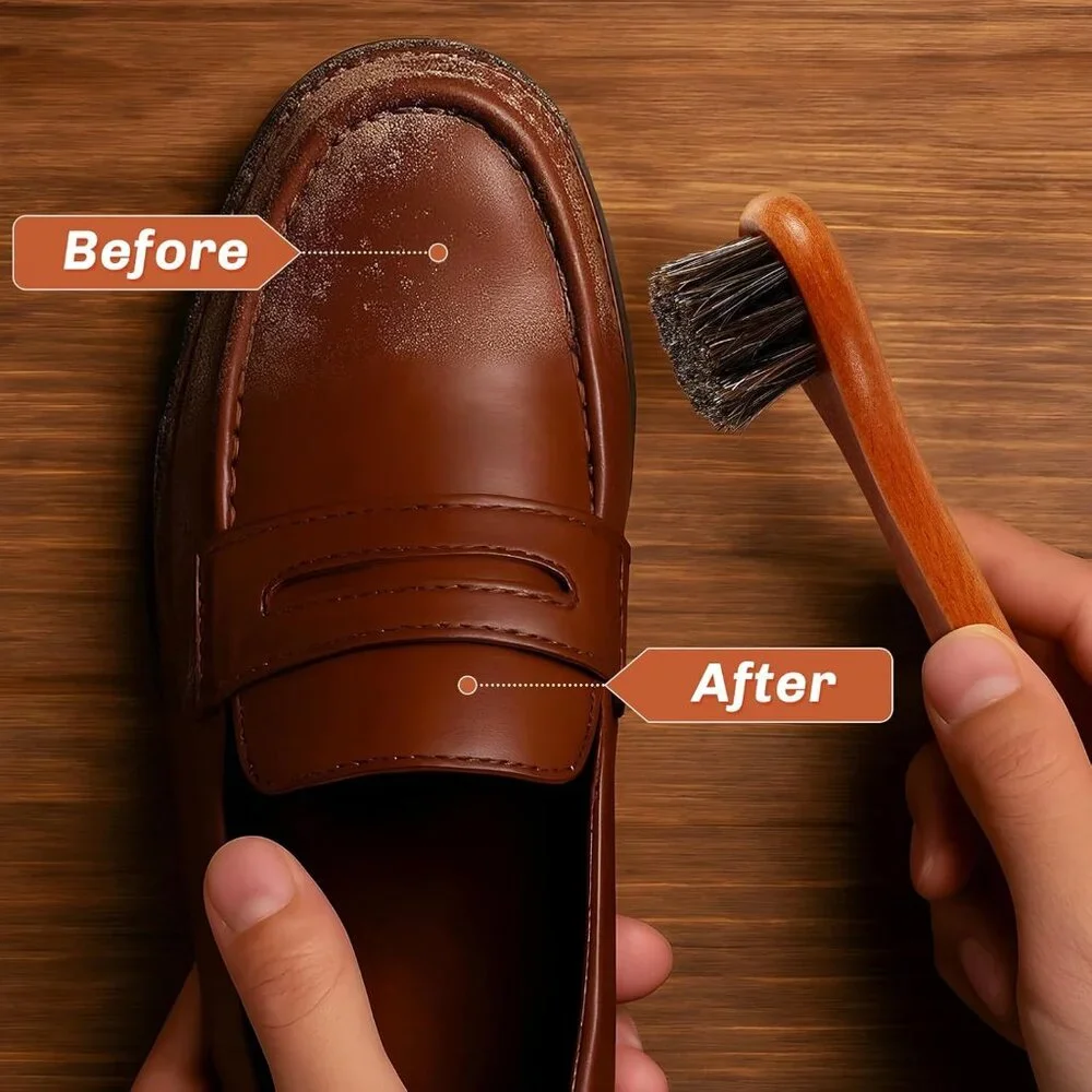 4-In-1 Wooden Handle Horsehair Brush Kit with Microfiber Cloth for Shoe Shine